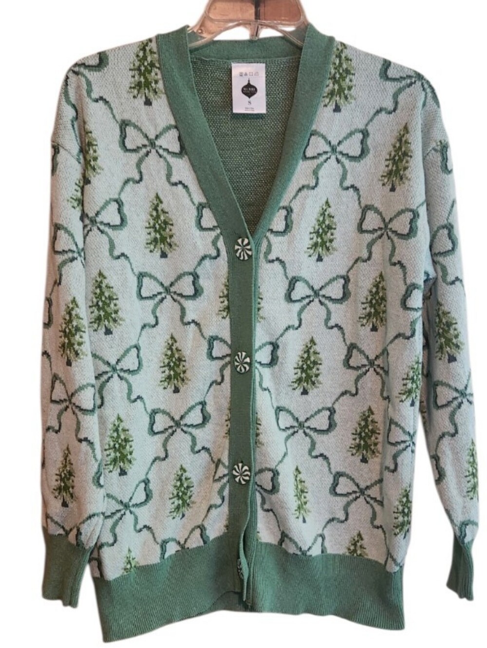 Merry Moments Holiday Green Tree And Bow Pattern V-Neck Cardigan Sweater